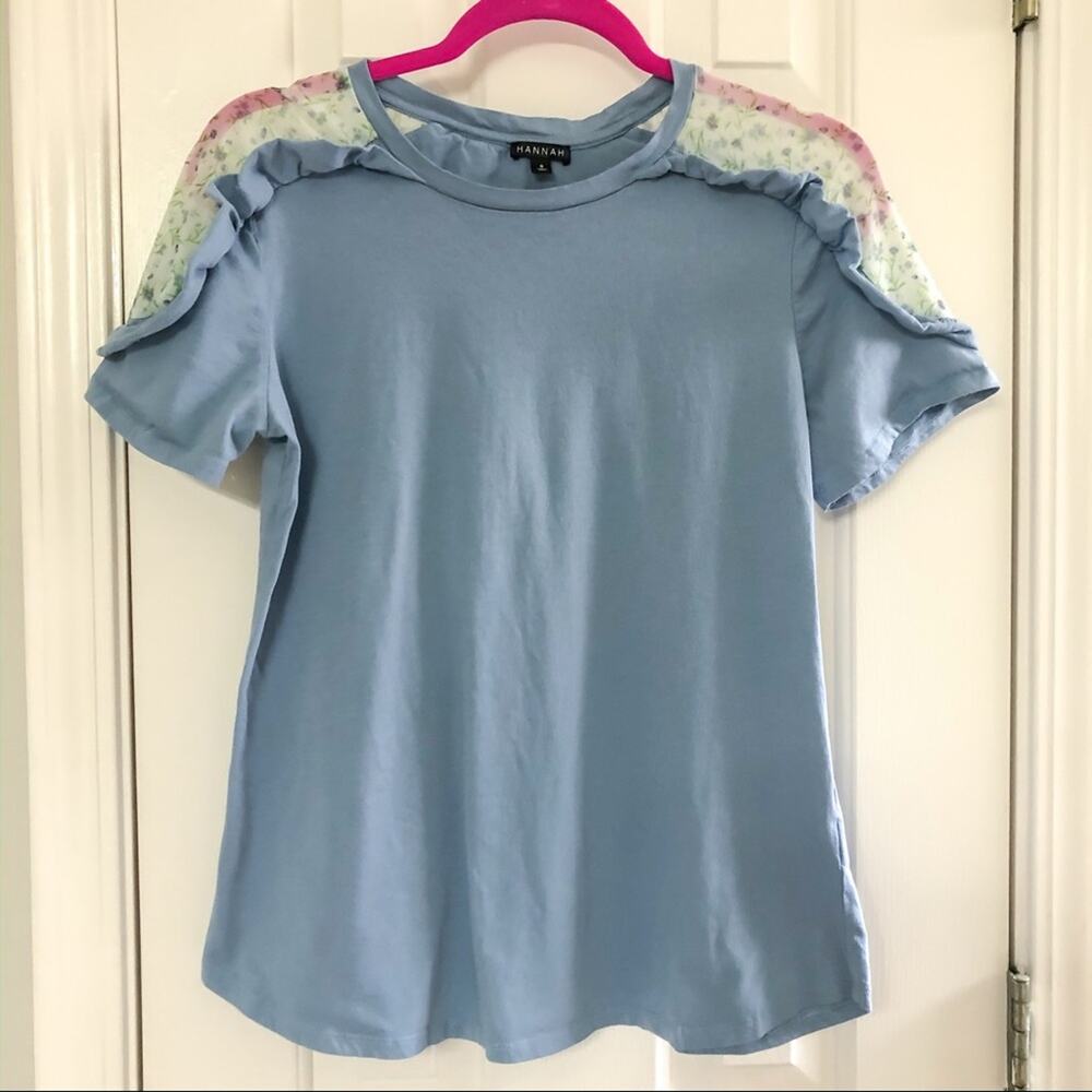 HANNAH • Blue Ruffle Sleeves Floral Mesh Shoulder Top